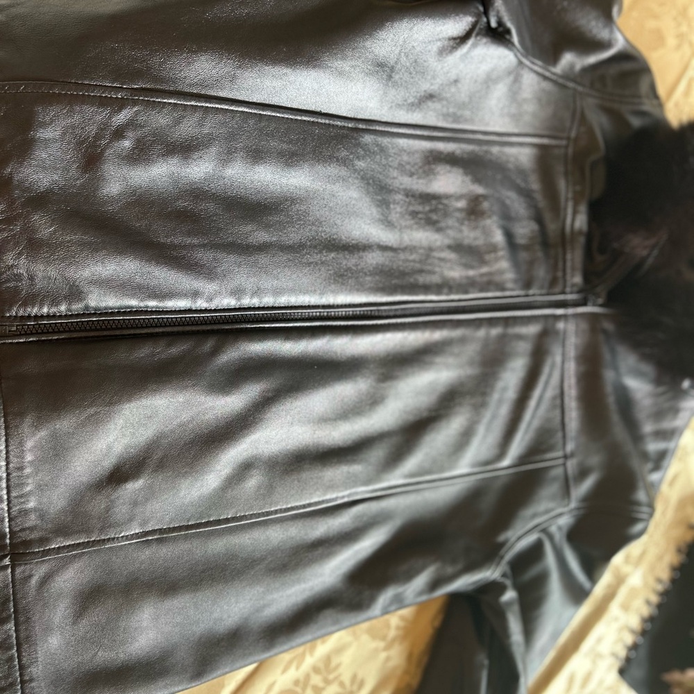 Black Sheared Beaver & Leather Reversible Coat with Fox Fur Lined Hood M/L - Picture 7 of 13